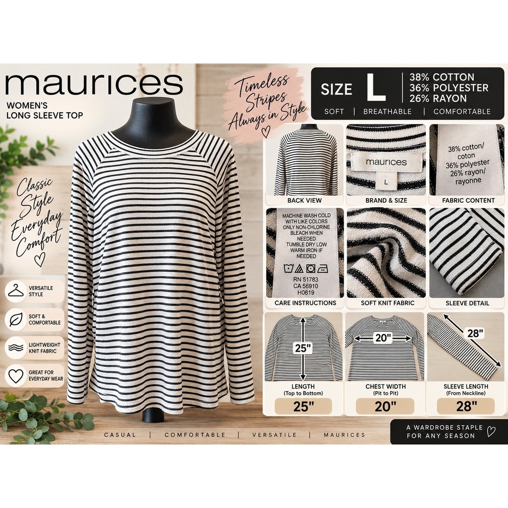 Maurices Womens Long Sleeve Striped Knit Top Black White Size L Raglan Sleeve